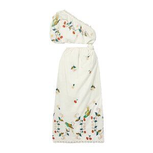 NWT FARM Rio Pitanga Maxi in Off-white Embroidered One Shoulder Cut-out Dress M
